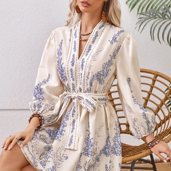 Multicolor Boho Women's Women's Lantern Sleeve Belted V-Neck Dress - Picture 4 of 5